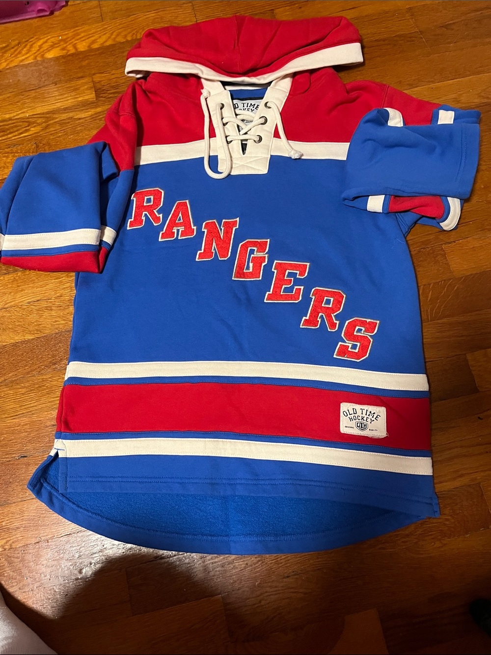 Old Time Hockey Women's Rangers Lace-Up Hooded Jersey - Blue/Red. KREIDER